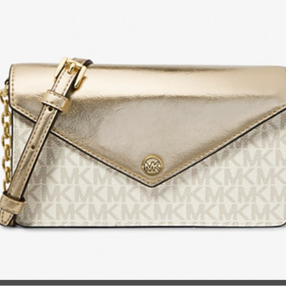 Jet Set Travel Snall Signature Logo Clutch Crossbody Bag Gold and Cream